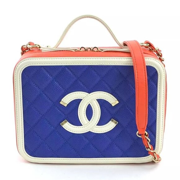 Auth CHANEL CC Filigree Handbag Shoulder Bag Red/Blue/White Leather - Picture 1 of 16